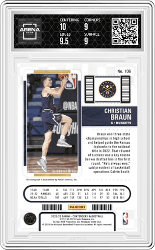 Christian Braun from the 2022-23 Panini Contenders set graded by Arena Club and given an overall grade of 9.5.