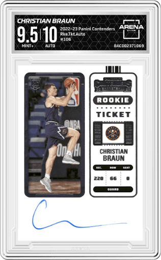 Christian Braun from the 2022-23 Panini Contenders set graded by Arena Club and given an overall grade of 9.5.