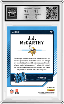 J.J. McCarthy from the 2024 Donruss set featuring a Pink parallel graded by Arena Club and given an overall grade of 10.
