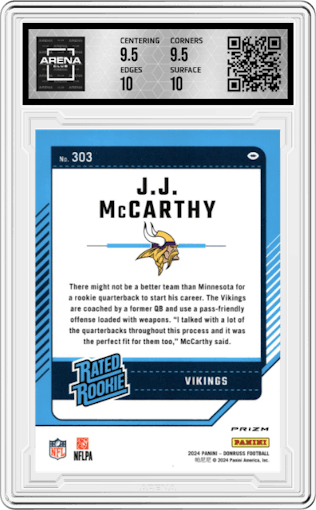 J.J. McCarthy from the 2024 Donruss set featuring a Pink parallel graded by Arena Club and given an overall grade of 10.