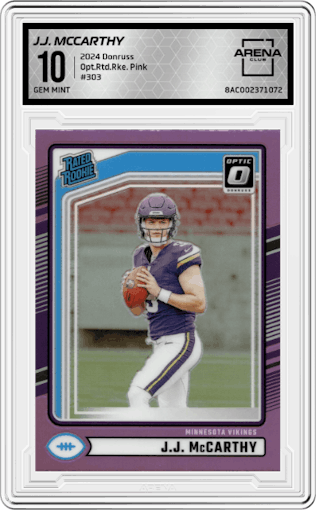 J.J. McCarthy from the 2024 Donruss set featuring a Pink parallel graded by Arena Club and given an overall grade of 10.