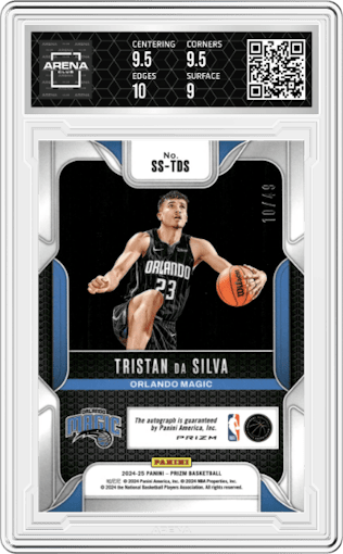 Tristan da Silva from the 2024-25 Panini Prizm set featuring a Blue Prizm parallel graded by Arena Club and given an overall grade of 9.5.