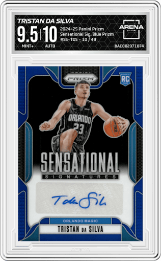 Tristan da Silva from the 2024-25 Panini Prizm set featuring a Blue Prizm parallel graded by Arena Club and given an overall grade of 9.5.