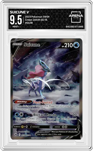 Suicune V from the 2023 Pokemon SWSH set graded by Arena Club and given an overall grade of 9.5.