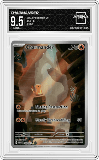 Charmander from the 2023 Pokemon SV set graded by Arena Club and given an overall grade of 9.5.