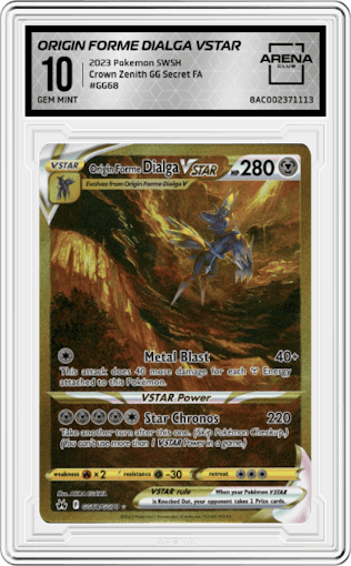 Origin Forme Dialga VSTAR from the 2023 Pokemon SWSH set graded by Arena Club and given an overall grade of 10.