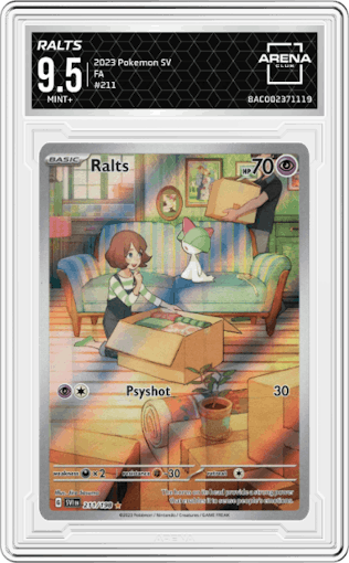 Ralts from the 2023 Pokemon SV set graded by Arena Club and given an overall grade of 9.5.