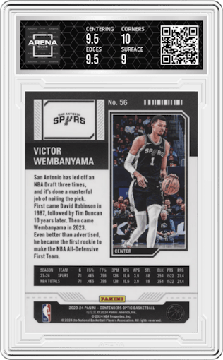 Victor Wembanyama from the 2023-24 Panini Contenders Optic set graded by Arena Club and given an overall grade of 9.5.