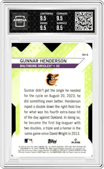 Gunnar Henderson from the 2024 Topps Pristine set featuring a Superfractor parallel and given an overall grade of 9.