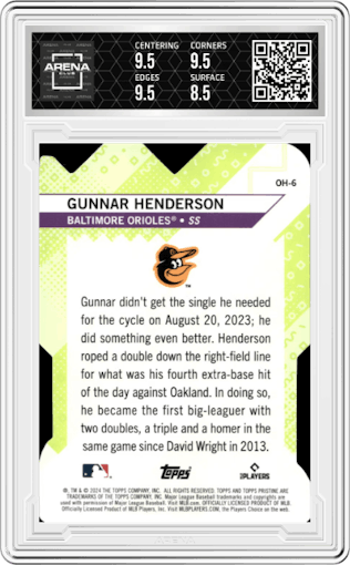 Gunnar Henderson from the 2024 Topps Pristine set featuring a Superfractor parallel graded by Arena Club and given an overall grade of 9.