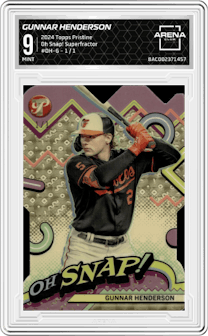 Gunnar Henderson from the 2024 Topps Pristine set featuring a Superfractor parallel and given an overall grade of 9.