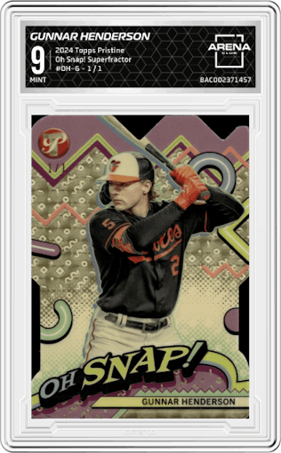 Gunnar Henderson from the 2024 Topps Pristine set featuring a Superfractor parallel graded by Arena Club and given an overall grade of 9.