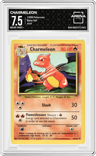 Charmeleon from the 1999 Pokemon set graded by Arena Club and given an overall grade of 7.5.