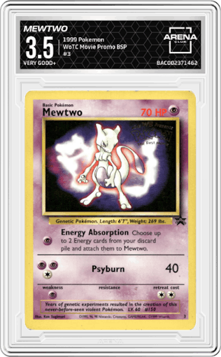 Mewtwo from the 1999 Pokemon set featuring a Movie Promo parallel graded by Arena Club and given an overall grade of 3.5.