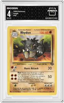 Rhydon from the 1999 Pokemon set graded by Arena Club and given an overall grade of 4.