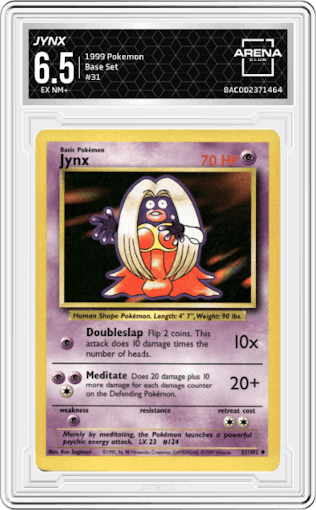 Jynx from the 1999 Pokemon set graded by Arena Club and given an overall grade of 6.5.