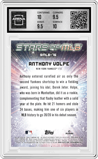 Anthony Volpe from the 2024 Topps Update set graded by Arena Club and given an overall grade of 10.