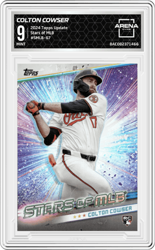 Colton Cowser from the 2024 Topps Update set graded by Arena Club and given an overall grade of 9.