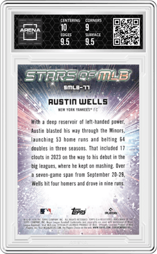 Austin Wells from the 2024 Topps Update set graded by Arena Club and given an overall grade of 9.5.