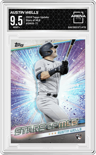 Austin Wells from the 2024 Topps Update set graded by Arena Club and given an overall grade of 9.5.
