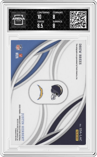 Drew Brees/Justin Herbert from the 2023 Panini Immaculate Collection  set graded by Arena Club and given an overall grade of 8.5.
