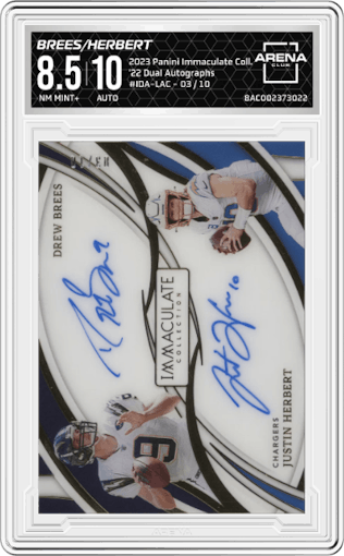 Drew Brees/Justin Herbert from the 2023 Panini Immaculate Collection  set graded by Arena Club and given an overall grade of 8.5.