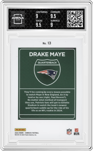 Drake Maye from the 2024 Donruss set graded by Arena Club and given an overall grade of 9.5.