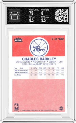 Charles Barkley from the 1986-87 Fleer set graded by Arena Club and given an overall grade of 8.