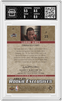 LeBron James from the 2003-04 Upper Deck Rookie Exclusives set graded by Arena Club and given an overall grade of 9.