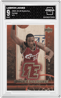 LeBron James from the 2003-04 Upper Deck Rookie Exclusives set graded by Arena Club and given an overall grade of 9.