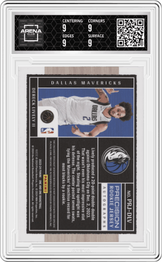Dereck Lively II from the 2023-24 Panini One and One set featuring a Gold parallel graded by Arena Club and given an overall grade of 9.