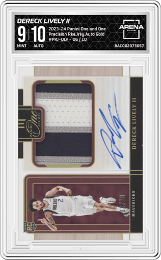 Dereck Lively II from the 2023-24 Panini One and One set featuring a Gold parallel graded by Arena Club and given an overall grade of 9.