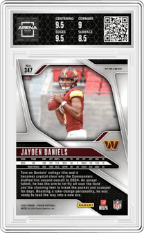 Jayden Daniels from the 2024 Panini Prizm set featuring a No Huddle parallel graded by Arena Club and given an overall grade of 9.