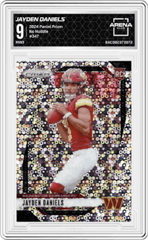 Jayden Daniels from the 2024 Panini Prizm set featuring a No Huddle parallel graded by Arena Club and given an overall grade of 9.