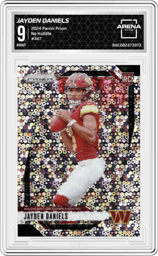 Jayden Daniels from the 2024 Panini Prizm set featuring a No Huddle parallel graded by Arena Club and given an overall grade of 9.