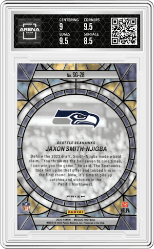 Jaxon Smith-Njigba from the 2023 Panini Mosaic set graded by Arena Club and given an overall grade of 9.