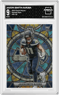 Jaxon Smith-Njigba from the 2023 Panini Mosaic set graded by Arena Club and given an overall grade of 9.