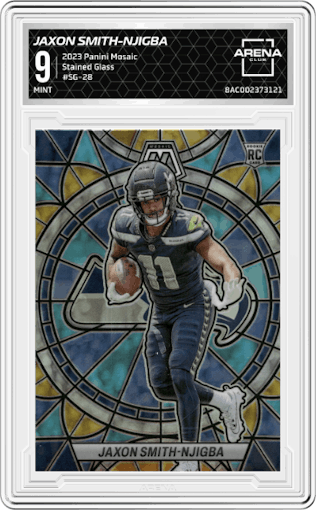 Jaxon Smith-Njigba from the 2023 Panini Mosaic set graded by Arena Club and given an overall grade of 9.