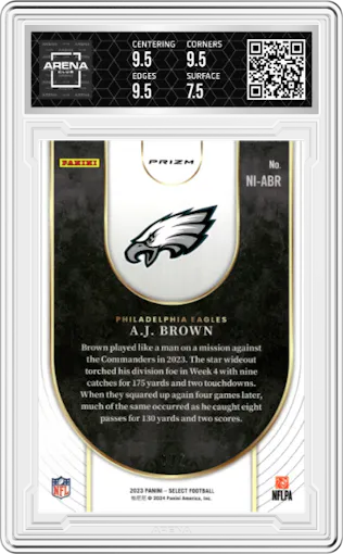 A.J. Brown from the 2023 Panini Select set featuring a Green & Black Snakeskin parallel graded by Arena Club and given an overall grade of 8.