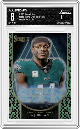 A.J. Brown from the 2023 Panini Select set featuring a Green & Black Snakeskin parallel graded by Arena Club and given an overall grade of 8.