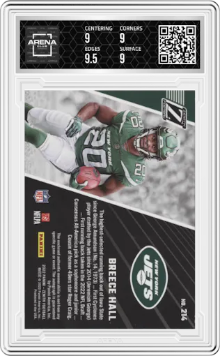 Breece Hall from the 2022 Panini Zenith set featuring a Sparkle parallel graded by Arena Club and given an overall grade of 9.