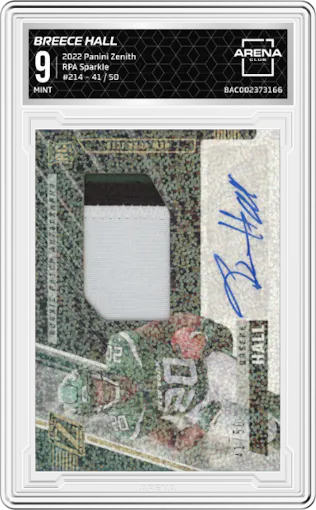 Breece Hall from the 2022 Panini Zenith set featuring a Sparkle parallel graded by Arena Club and given an overall grade of 9.
