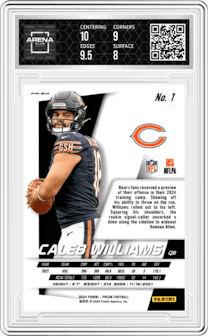 Caleb Williams from the 2024 Panini Prizm set featuring a No Huddle parallel graded by Arena Club and given an overall grade of 8.5.