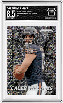 Caleb Williams from the 2024 Panini Prizm set featuring a No Huddle parallel graded by Arena Club and given an overall grade of 8.5.