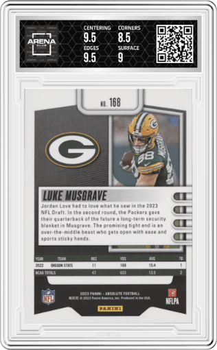Luke Musgrave from the 2023 Panini Absolute set featuring a Gold Spectrum parallel graded by Arena Club and given an overall grade of 9.