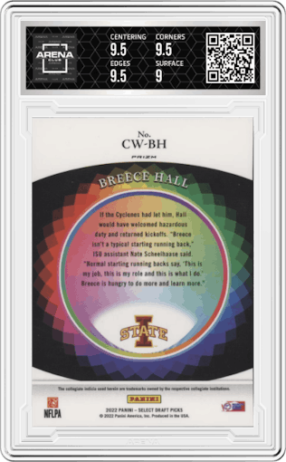 Breece Hall from the 2022 Panini Select Draft Picks set graded by Arena Club and given an overall grade of 9.5.