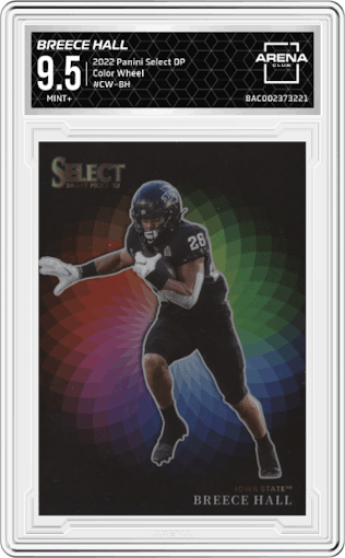Breece Hall from the 2022 Panini Select Draft Picks set graded by Arena Club and given an overall grade of 9.5.