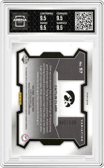 Caitlin Clark  from the 2024 Panini Prizm Draft Picks set featuring a Blue Wave parallel graded by Arena Club and given an overall grade of 9.5.
