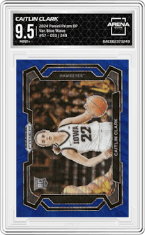 Caitlin Clark  from the 2024 Panini Prizm Draft Picks set featuring a Blue Wave parallel graded by Arena Club and given an overall grade of 9.5.