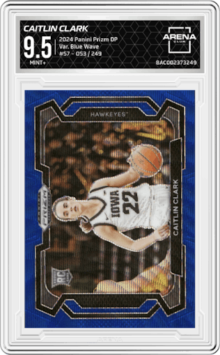 Caitlin Clark  from the 2024 Panini Prizm Draft Picks set featuring a Blue Wave parallel graded by Arena Club and given an overall grade of 9.5.